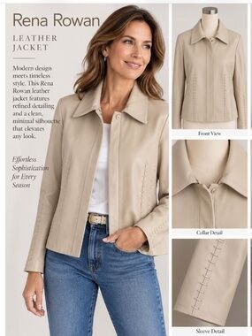 Rena Rowan Taupe Leather Jacket Laced Stitch Detail Minimalist Luxury, Sz 14